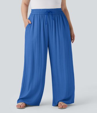 Hoch geschnittene Kordelzug-Leinen-Optik Weite Bein Casual Plus Size Hose mit Taschen Hoch geschnittene Kordelzug-Leinen-Optik Weite Bein Casual Plus Size Hose mit Taschen