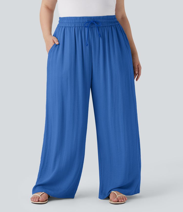 Hoch geschnittene Kordelzug-Leinen-Optik Weite Bein Casual Plus Size Hose mit Taschen Hoch geschnittene Kordelzug-Leinen-Optik Weite Bein Casual Plus Size Hose mit Taschen