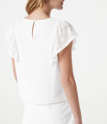 Round Neck Keyhole Back Contrast Lace Flounce Sleeve Casual Blouse