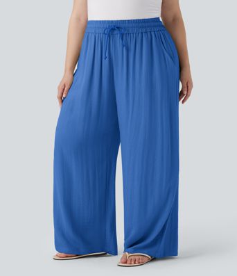 Hoch geschnittene Kordelzug-Leinen-Optik Weite Bein Casual Plus Size Hose mit Taschen Hoch geschnittene Kordelzug-Leinen-Optik Weite Bein Casual Plus Size Hose mit Taschen