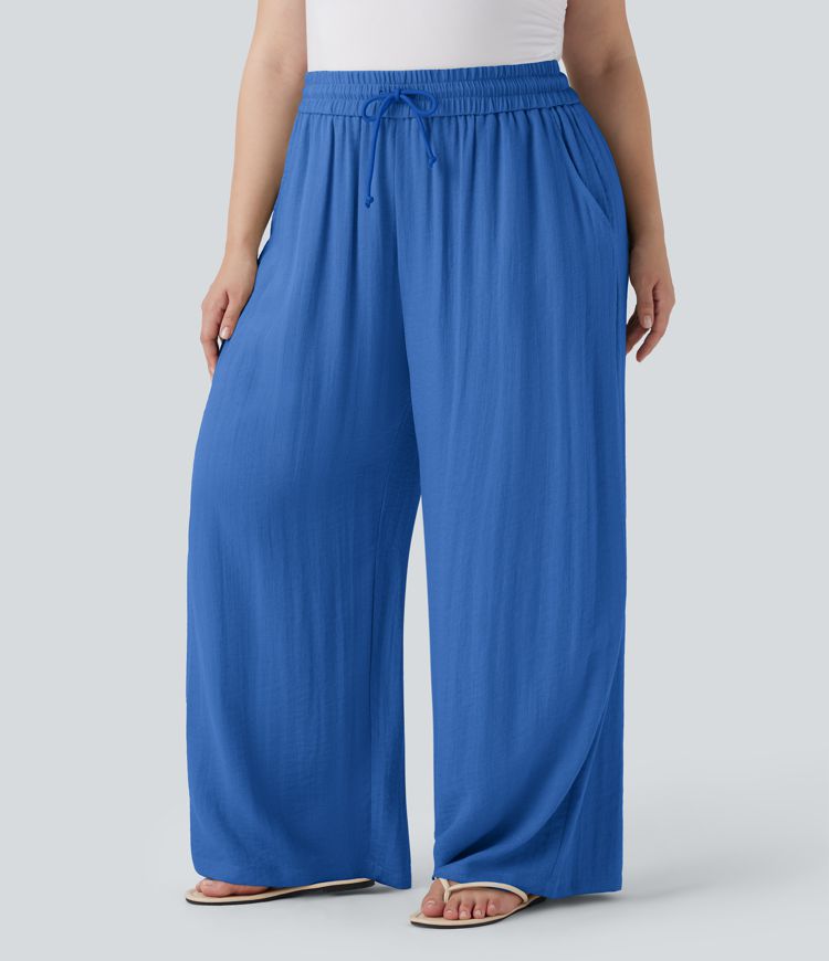 Hoch geschnittene Kordelzug-Leinen-Optik Weite Bein Casual Plus Size Hose mit Taschen Hoch geschnittene Kordelzug-Leinen-Optik Weite Bein Casual Plus Size Hose mit Taschen