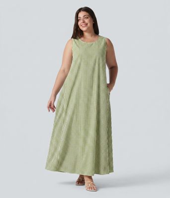 Plus Size Round Neck Sleeveless Midi Crinkle Gingham Casual Tank Dress with Pockets Plus Size Round Neck Sleeveless Midi Crinkle Gingham Casual Tank Dress with Pockets
