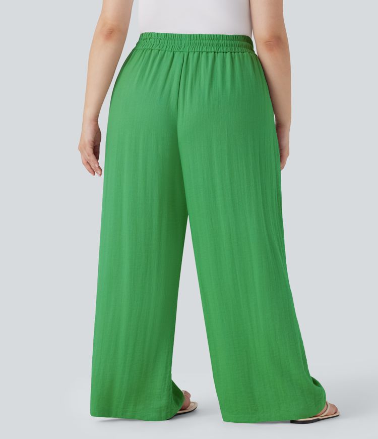High Waisted Drawstring Linen-Feel Wide Leg Casual Plus Size Trousers with Pockets