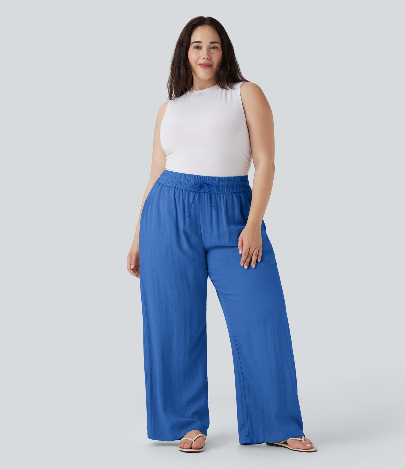 Hoch geschnittene Kordelzug-Leinen-Optik Weite Bein Casual Plus Size Hose mit Taschen Hoch geschnittene Kordelzug-Leinen-Optik Weite Bein Casual Plus Size Hose mit Taschen