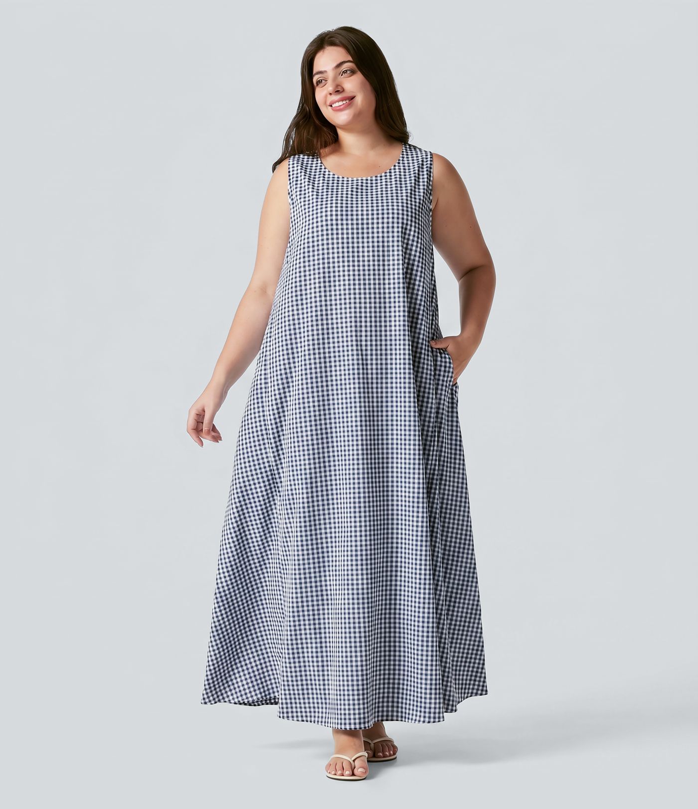 Plus Size Round Neck Sleeveless Midi Crinkle Gingham Casual Tank Dress with Pockets