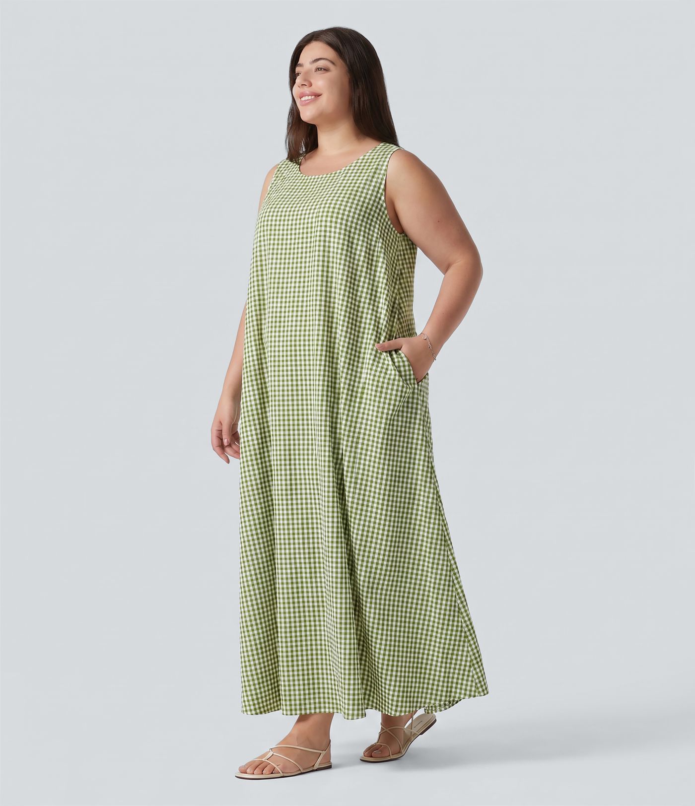 Plus Size Round Neck Sleeveless Midi Crinkle Gingham Casual Tank Dress with Pockets Plus Size Round Neck Sleeveless Midi Crinkle Gingham Casual Tank Dress with Pockets