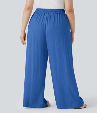 Hoch geschnittene Kordelzug-Leinen-Optik Weite Bein Casual Plus Size Hose mit Taschen Hoch geschnittene Kordelzug-Leinen-Optik Weite Bein Casual Plus Size Hose mit Taschen