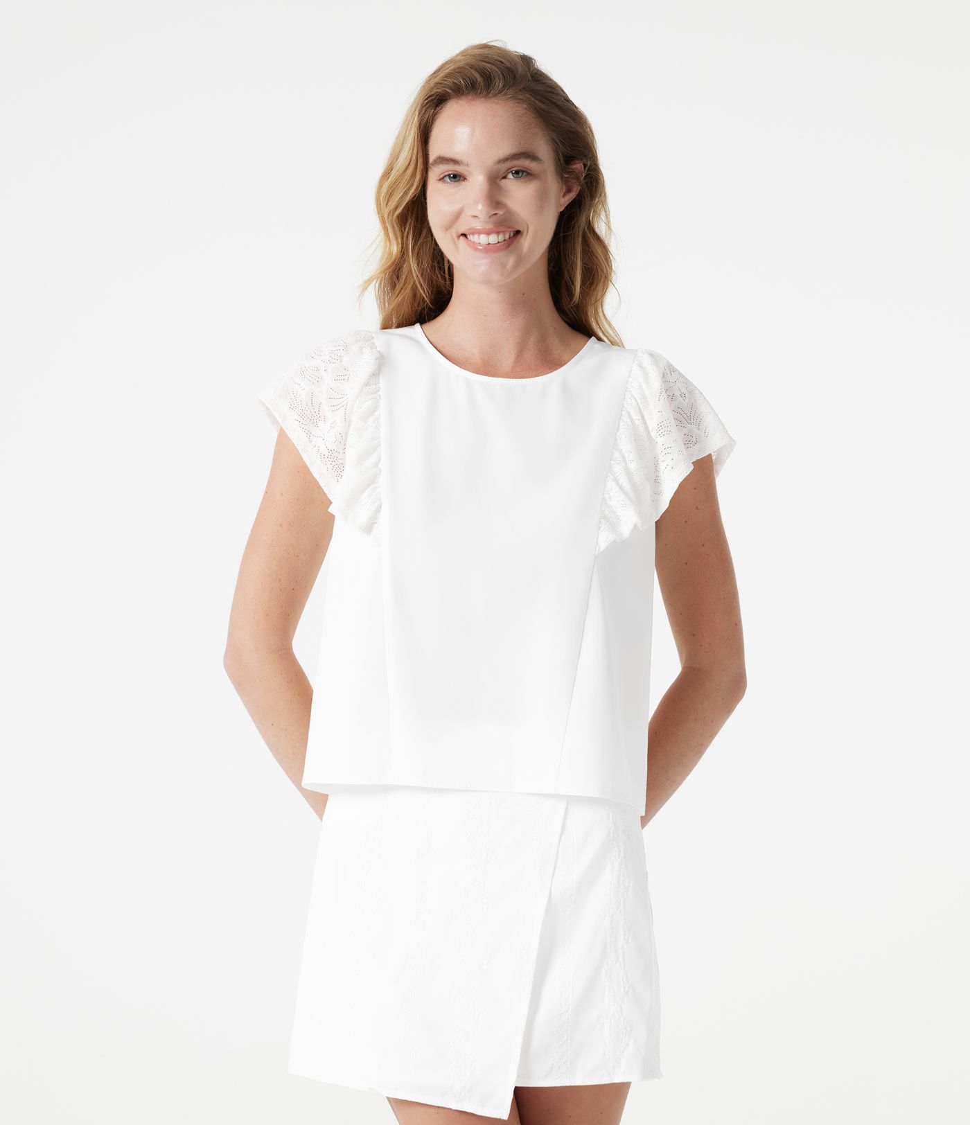 Round Neck Keyhole Back Contrast Lace Flounce Sleeve Casual Blouse