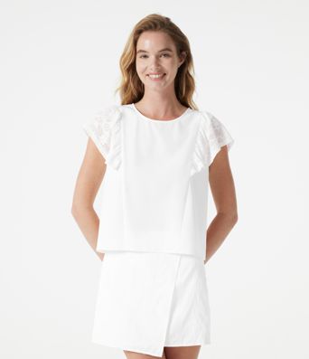 Round Neck Keyhole Back Contrast Lace Flounce Sleeve Casual Blouse