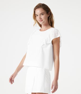 Round Neck Keyhole Back Contrast Lace Flounce Sleeve Casual Blouse