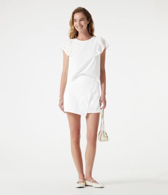 Round Neck Keyhole Back Contrast Lace Flounce Sleeve Casual Blouse