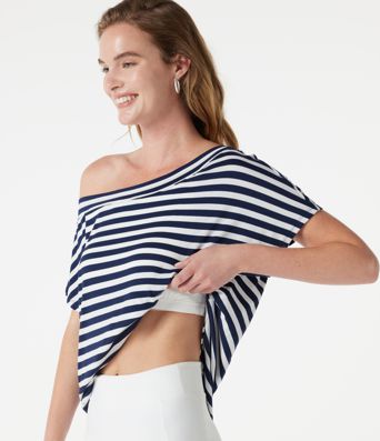 One Shoulder Short Sleeve Curved Hem Striped Built-in Bra Casual Top