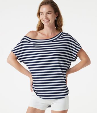 One Shoulder Short Sleeve Curved Hem Striped Built-in Bra Casual Top