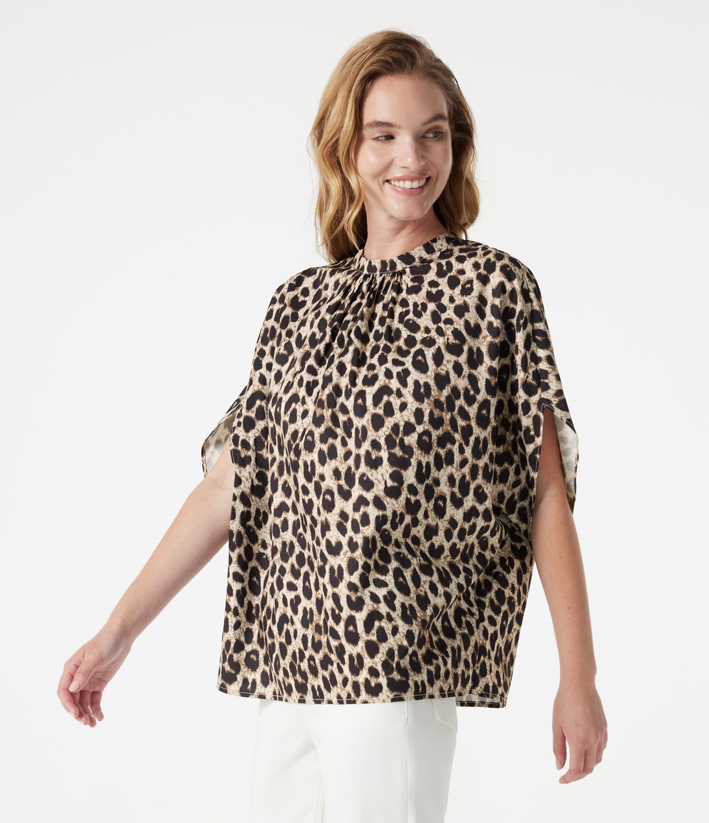 Mock Neck Tie Back Batwing Short Sleeve Ruched Leopard Print Work Blouse Mock Neck Tie Back Batwing Short Sleeve Ruched Leopard Print Work Blouse