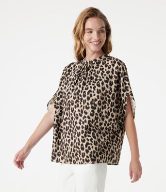 Mock Neck Tie Back Batwing Short Sleeve Ruched Leopard Print Work Blouse Mock Neck Tie Back Batwing Short Sleeve Ruched Leopard Print Work Blouse