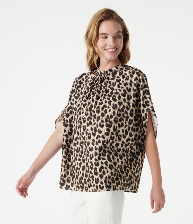Mock Neck Tie Back Batwing Short Sleeve Ruched Leopard Print Work Blouse Mock Neck Tie Back Batwing Short Sleeve Ruched Leopard Print Work Blouse