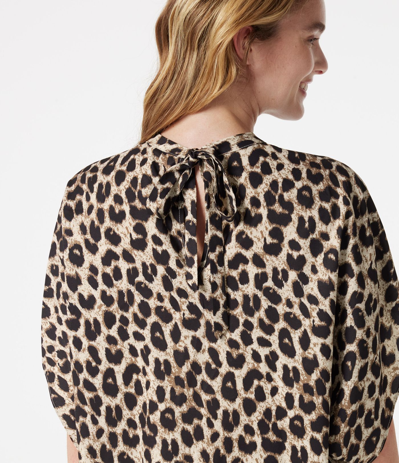 Mock Neck Tie Back Batwing Short Sleeve Ruched Leopard Print Work Blouse Mock Neck Tie Back Batwing Short Sleeve Ruched Leopard Print Work Blouse
