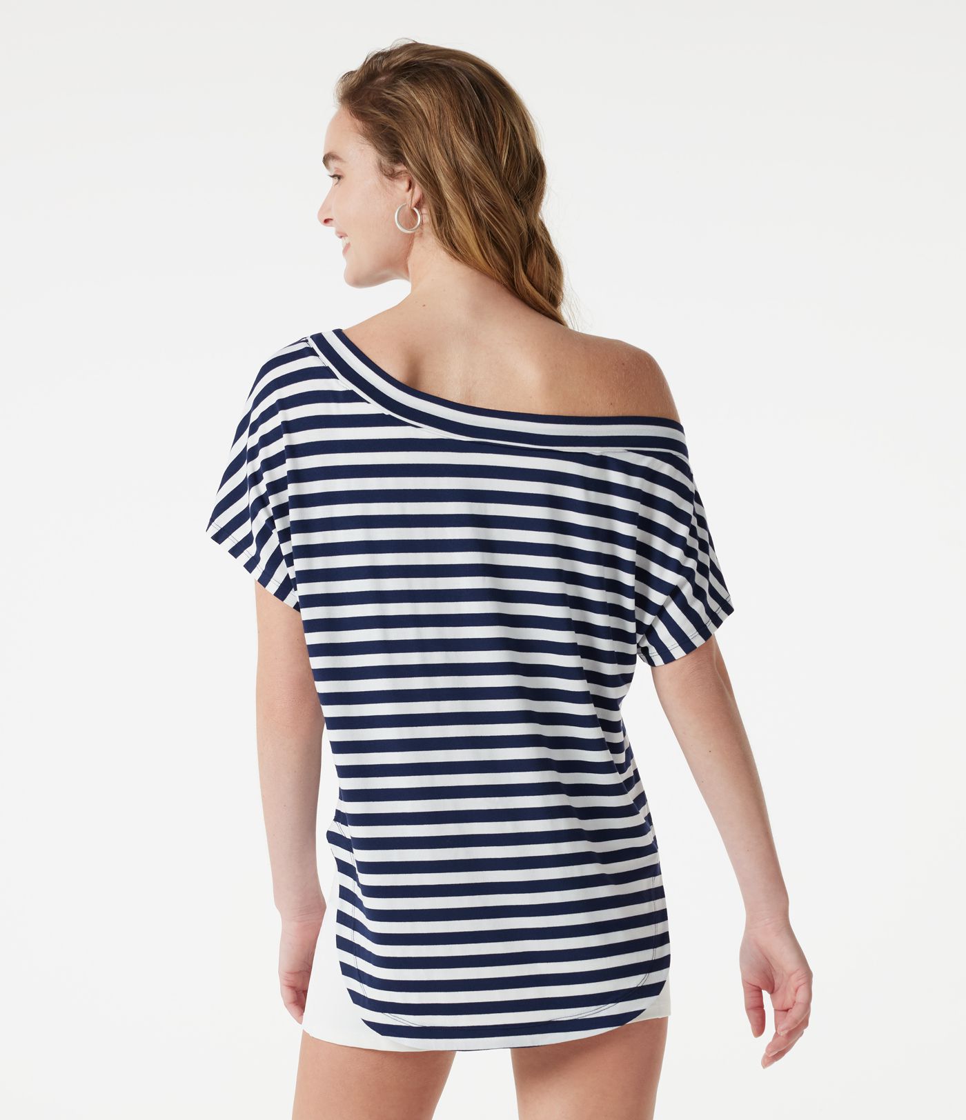One Shoulder Short Sleeve Curved Hem Striped Built-in Bra Casual Top