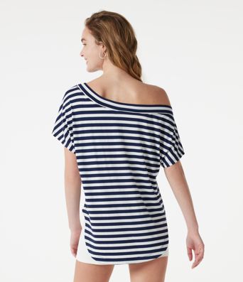 One Shoulder Short Sleeve Curved Hem Striped Built-in Bra Casual Top
