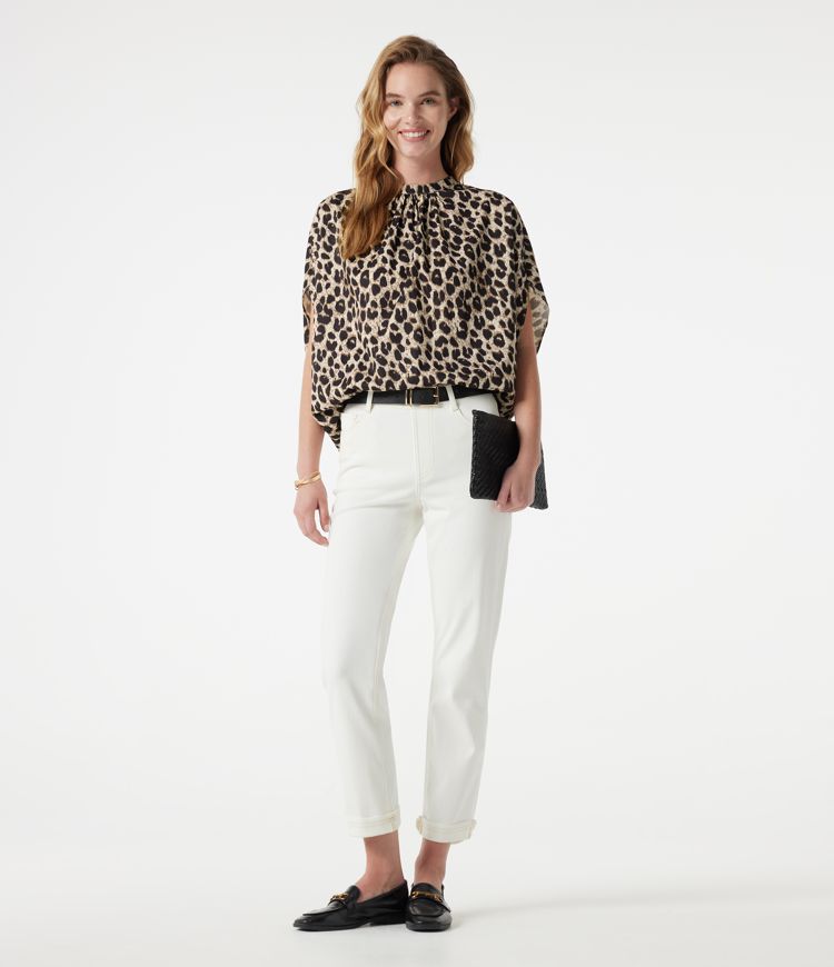 Mock Neck Tie Back Batwing Short Sleeve Ruched Leopard Print Work Blouse Mock Neck Tie Back Batwing Short Sleeve Ruched Leopard Print Work Blouse