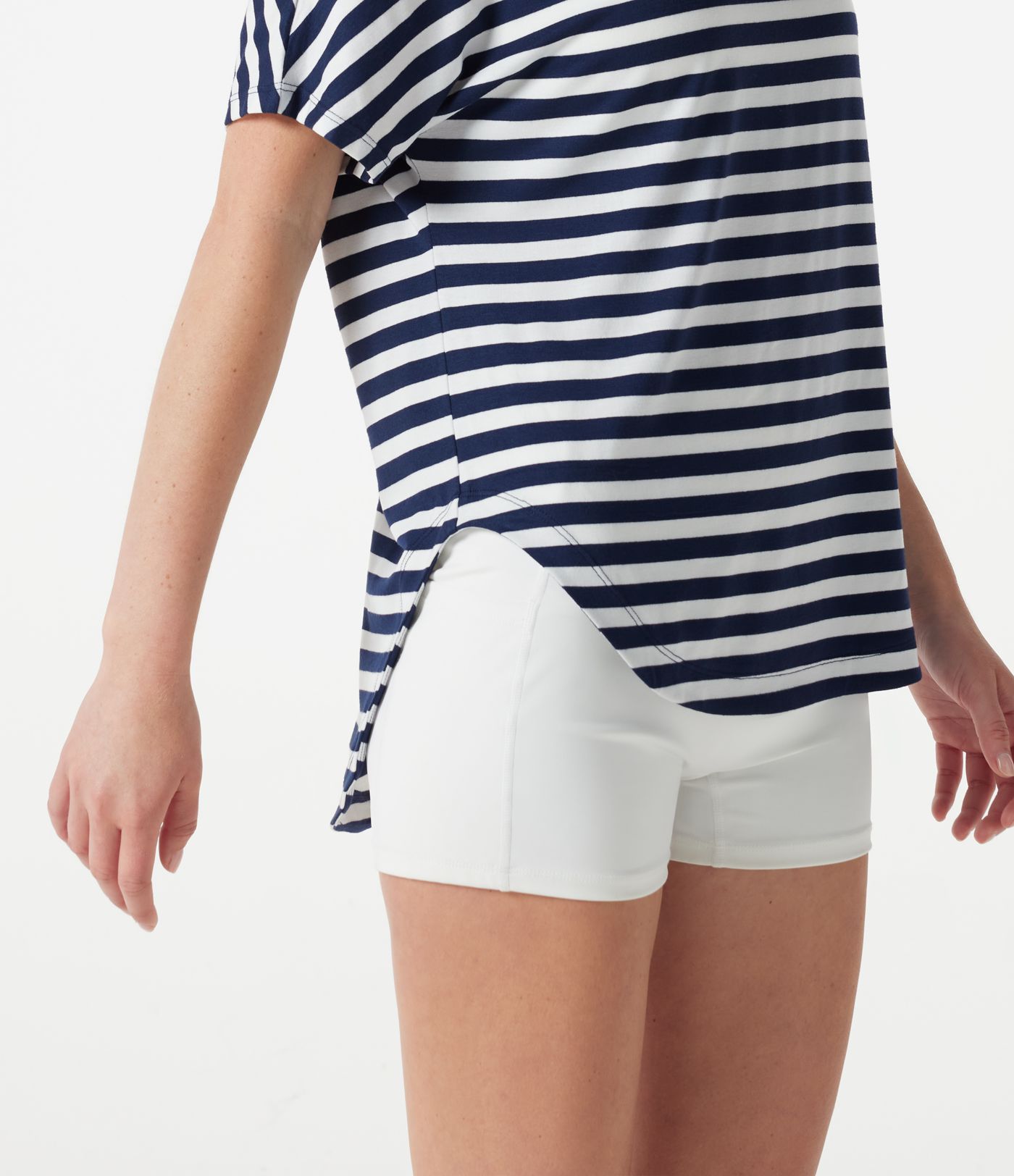 One Shoulder Short Sleeve Curved Hem Striped Built-in Bra Casual Top