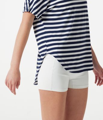 One Shoulder Short Sleeve Curved Hem Striped Built-in Bra Casual Top
