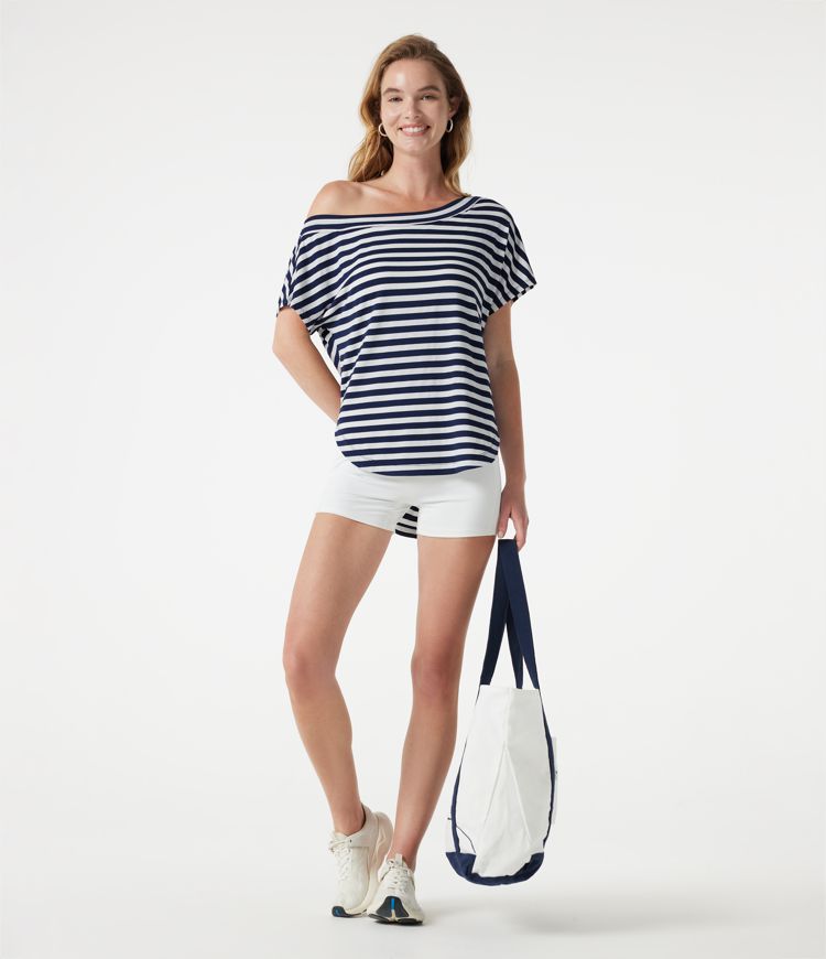 One Shoulder Short Sleeve Curved Hem Striped Built-in Bra Casual Top