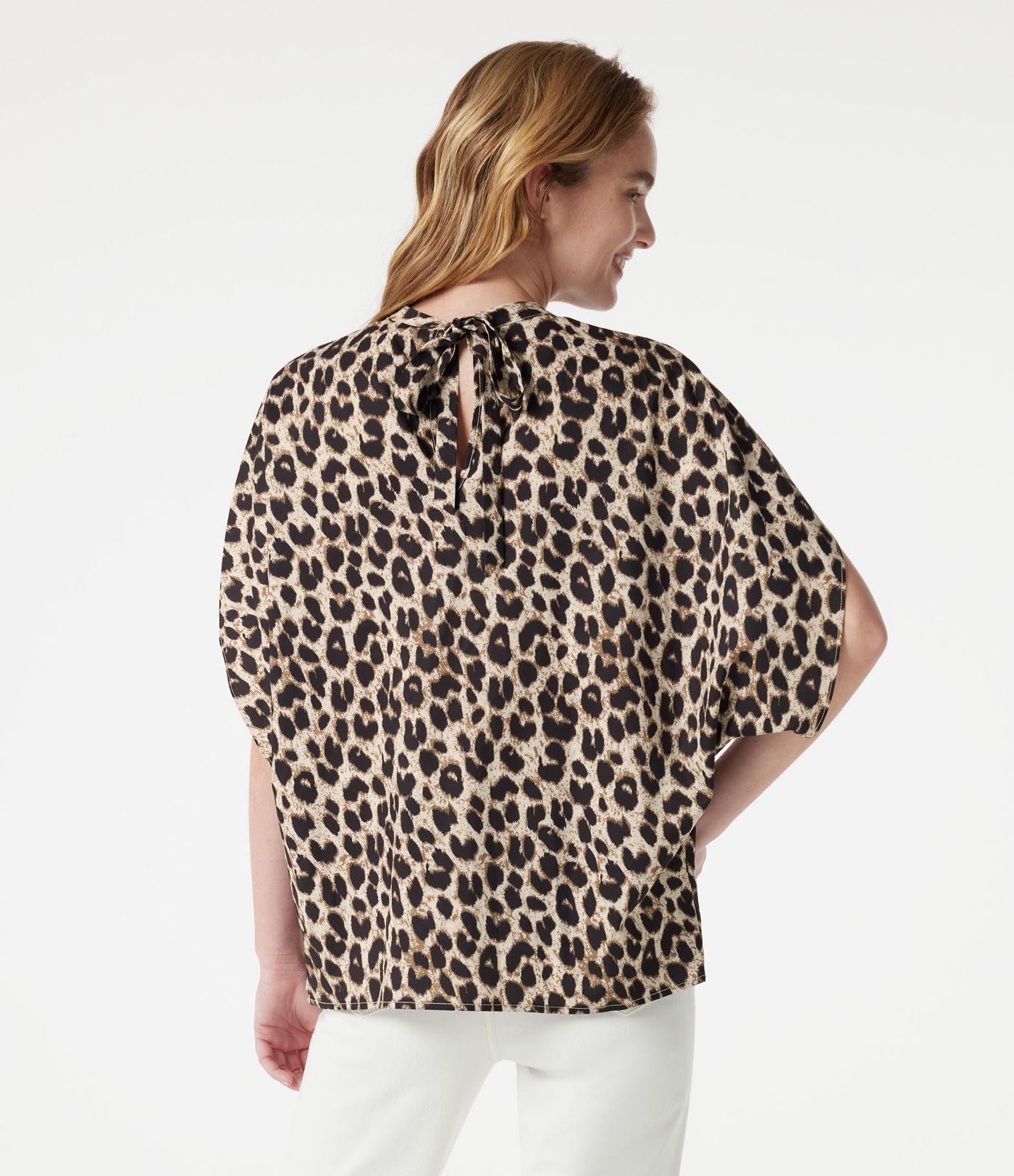 Mock Neck Tie Back Batwing Short Sleeve Ruched Leopard Print Work Blouse Mock Neck Tie Back Batwing Short Sleeve Ruched Leopard Print Work Blouse