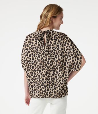Mock Neck Tie Back Batwing Short Sleeve Ruched Leopard Print Work Blouse Mock Neck Tie Back Batwing Short Sleeve Ruched Leopard Print Work Blouse