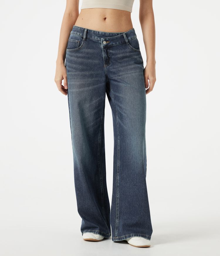 Halara Flex™ Asymmetric Low Rise Baggy Washed Casual Jeans with Pockets