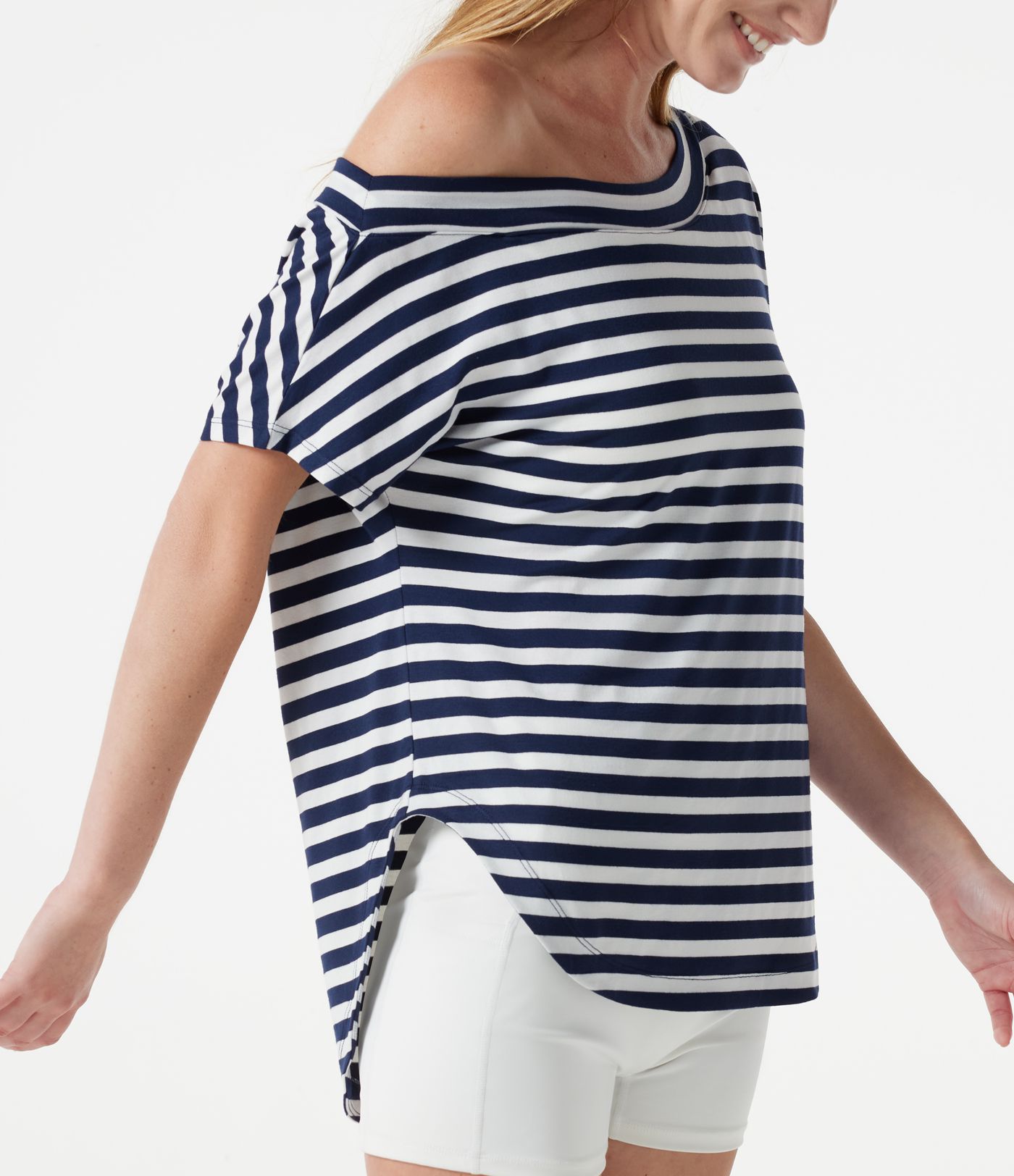 One Shoulder Short Sleeve Curved Hem Striped Built-in Bra Casual Top