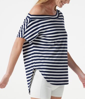 One Shoulder Short Sleeve Curved Hem Striped Built-in Bra Casual Top
