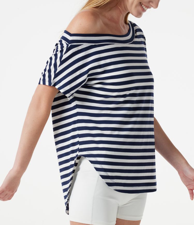 One Shoulder Short Sleeve Curved Hem Striped Built-in Bra Casual Top