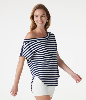One Shoulder Short Sleeve Curved Hem Striped Built-in Bra Casual Top