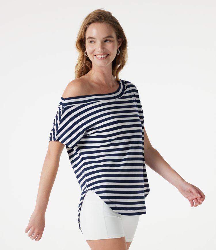 One Shoulder Short Sleeve Curved Hem Striped Built-in Bra Casual Top