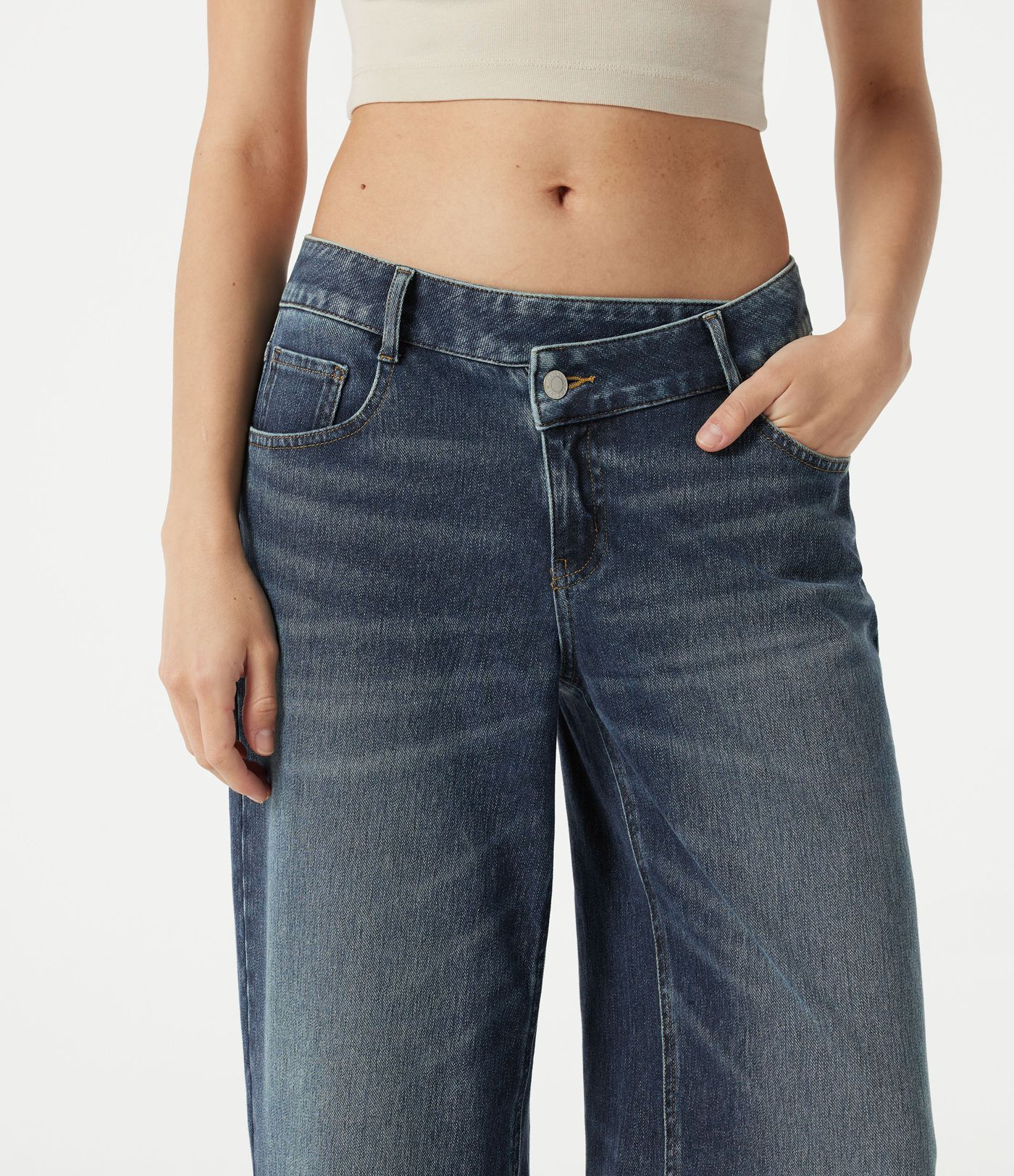 Halara Flex™ Asymmetric Low Rise Baggy Washed Casual Jeans with Pockets