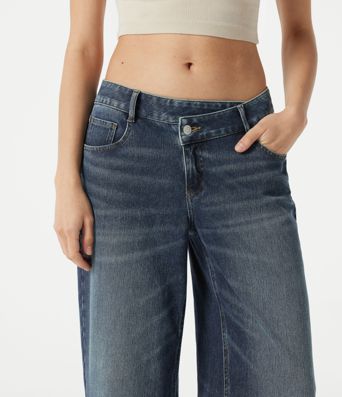 Halara Flex™ Asymmetric Low Rise Baggy Washed Casual Jeans with Pockets