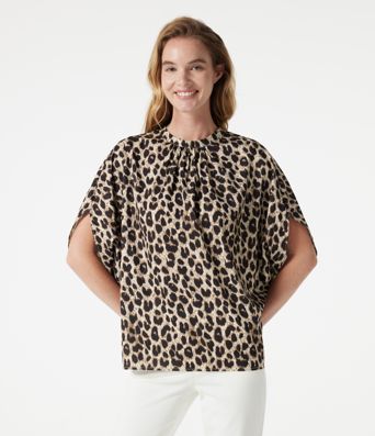 Mock Neck Tie Back Batwing Short Sleeve Ruched Leopard Print Work Blouse Mock Neck Tie Back Batwing Short Sleeve Ruched Leopard Print Work Blouse