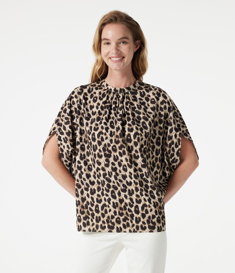 Mock Neck Tie Back Batwing Short Sleeve Ruched Leopard Print Work Blouse Mock Neck Tie Back Batwing Short Sleeve Ruched Leopard Print Work Blouse