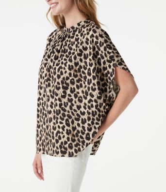 Mock Neck Tie Back Batwing Short Sleeve Ruched Leopard Print Work Blouse Mock Neck Tie Back Batwing Short Sleeve Ruched Leopard Print Work Blouse