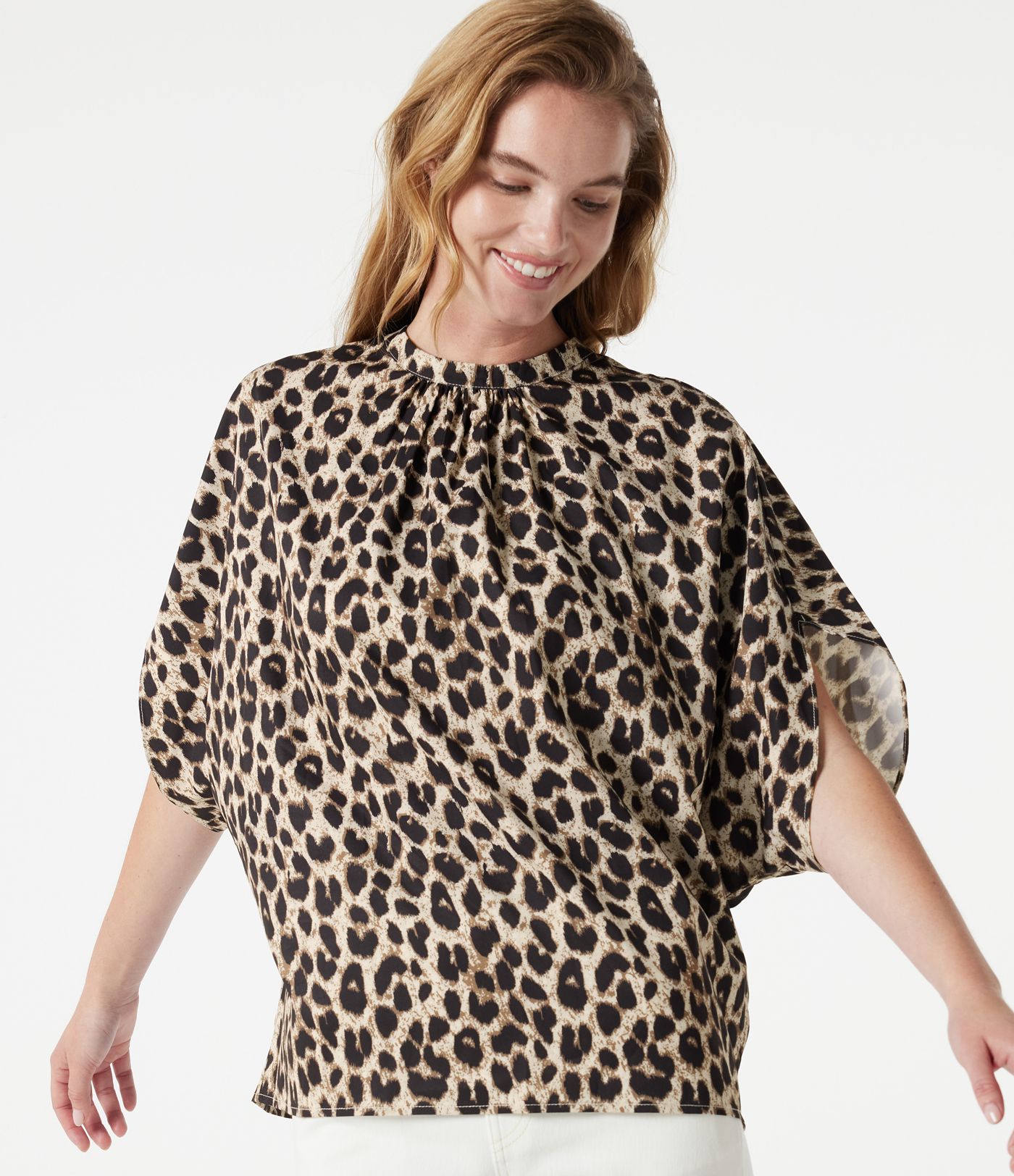 Mock Neck Tie Back Batwing Short Sleeve Ruched Leopard Print Work Blouse Mock Neck Tie Back Batwing Short Sleeve Ruched Leopard Print Work Blouse