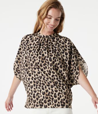 Mock Neck Tie Back Batwing Short Sleeve Ruched Leopard Print Work Blouse Mock Neck Tie Back Batwing Short Sleeve Ruched Leopard Print Work Blouse