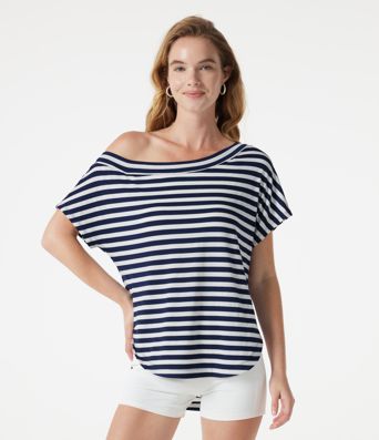 One Shoulder Short Sleeve Curved Hem Striped Built-in Bra Casual Top