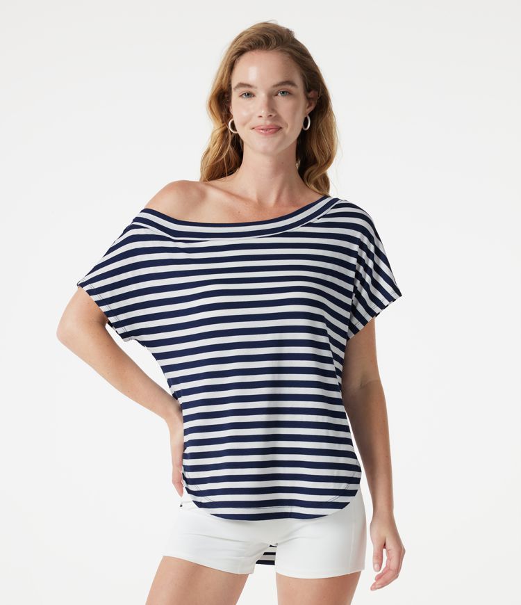 One Shoulder Short Sleeve Curved Hem Striped Built-in Bra Casual Top