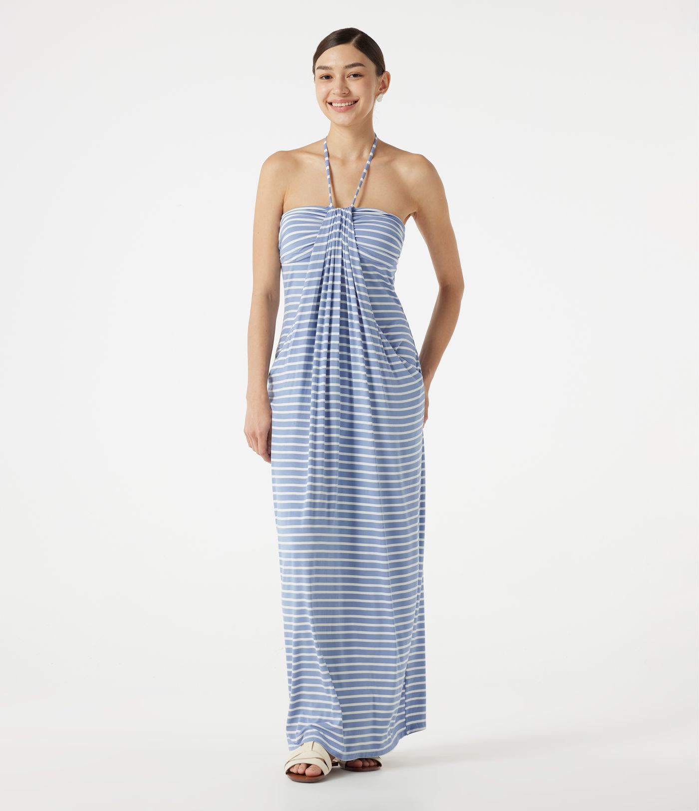 Halter Tie Back Built-in Bra Striped Maxi Resort Dress with Pockets Halter Tie Back Built-in Bra Striped Maxi Resort Dress with Pockets