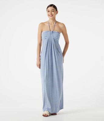 Halter Tie Back Built-in Bra Striped Maxi Resort Dress with Pockets Halter Tie Back Built-in Bra Striped Maxi Resort Dress with Pockets