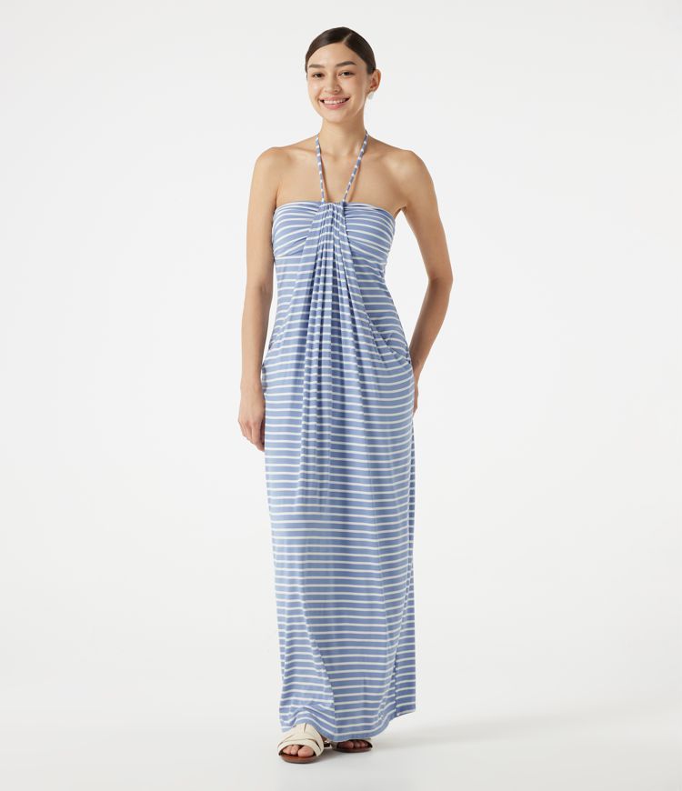 Halter Tie Back Built-in Bra Striped Maxi Resort Dress with Pockets Halter Tie Back Built-in Bra Striped Maxi Resort Dress with Pockets