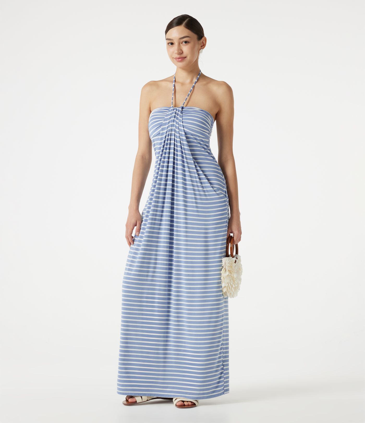 Halter Tie Back Built-in Bra Striped Maxi Resort Dress with Pockets