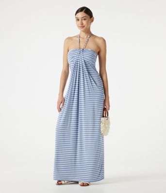 Halter Tie Back Built-in Bra Striped Maxi Resort Dress with Pockets