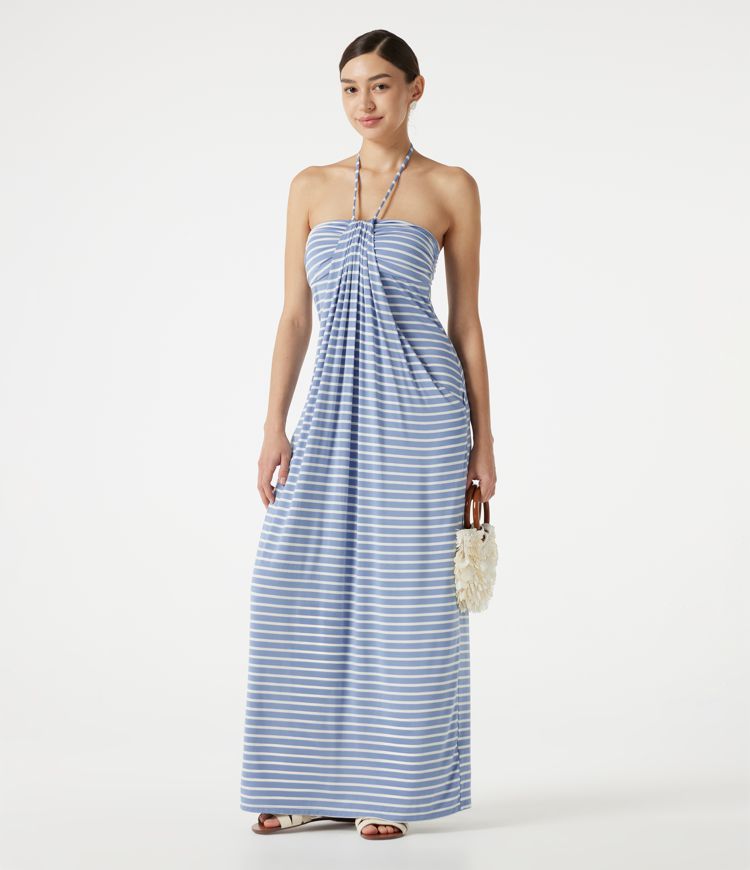 Halter Tie Back Built-in Bra Striped Maxi Resort Dress with Pockets